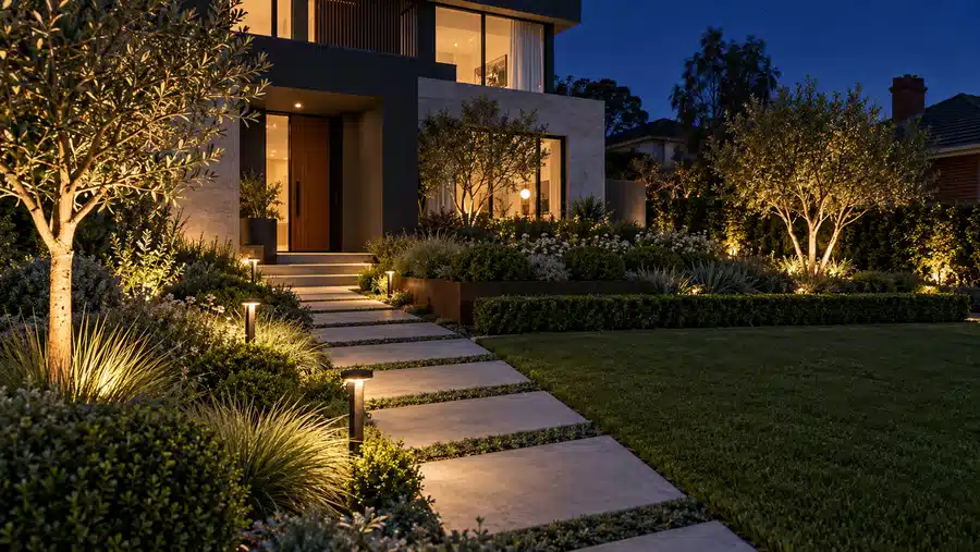 Contemporary front garden with evening pathway lighting