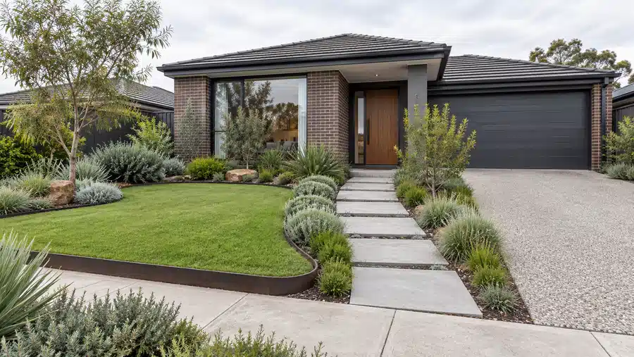 Modern Melbourne front garden with lawn and pathway