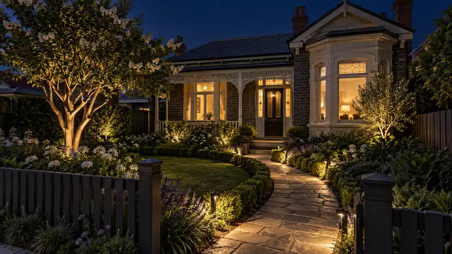 Period Melbourne front garden with evening lighting