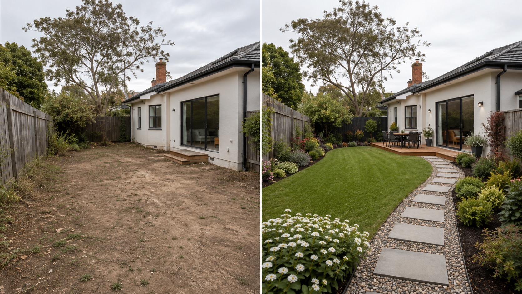 Before and after backyard landscaping transformation in Toorak, Melbourne with a lawn, stepping-stone path, planting and outdoor dining area
