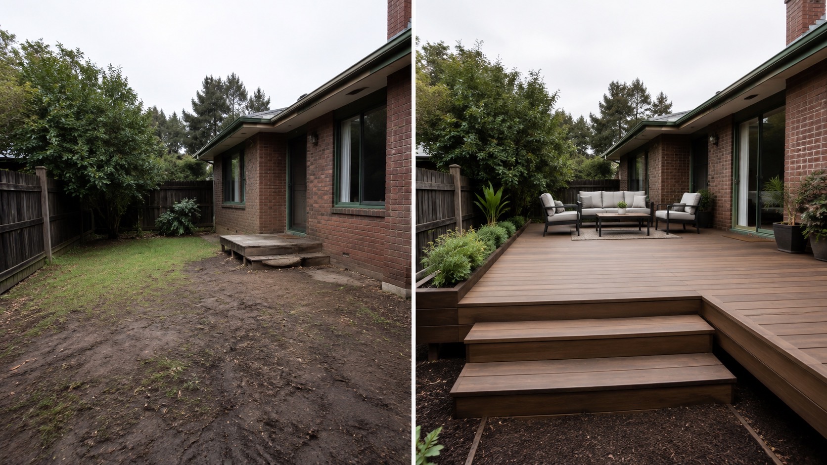 Before and after deck construction project in Melbourne with raised timber deck, steps and planting