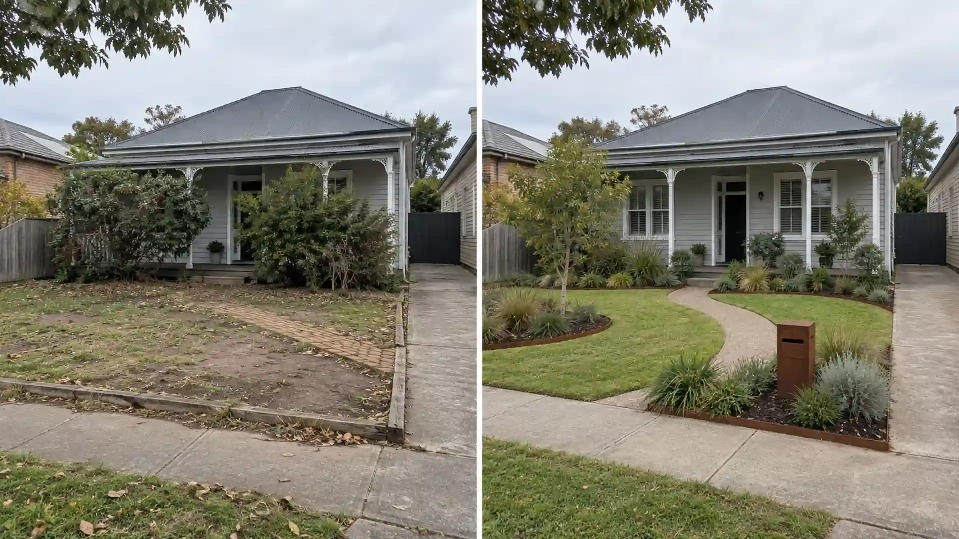 Before and after front yard landscaping project in Melbourne with lawn, curved path, planting and garden edging