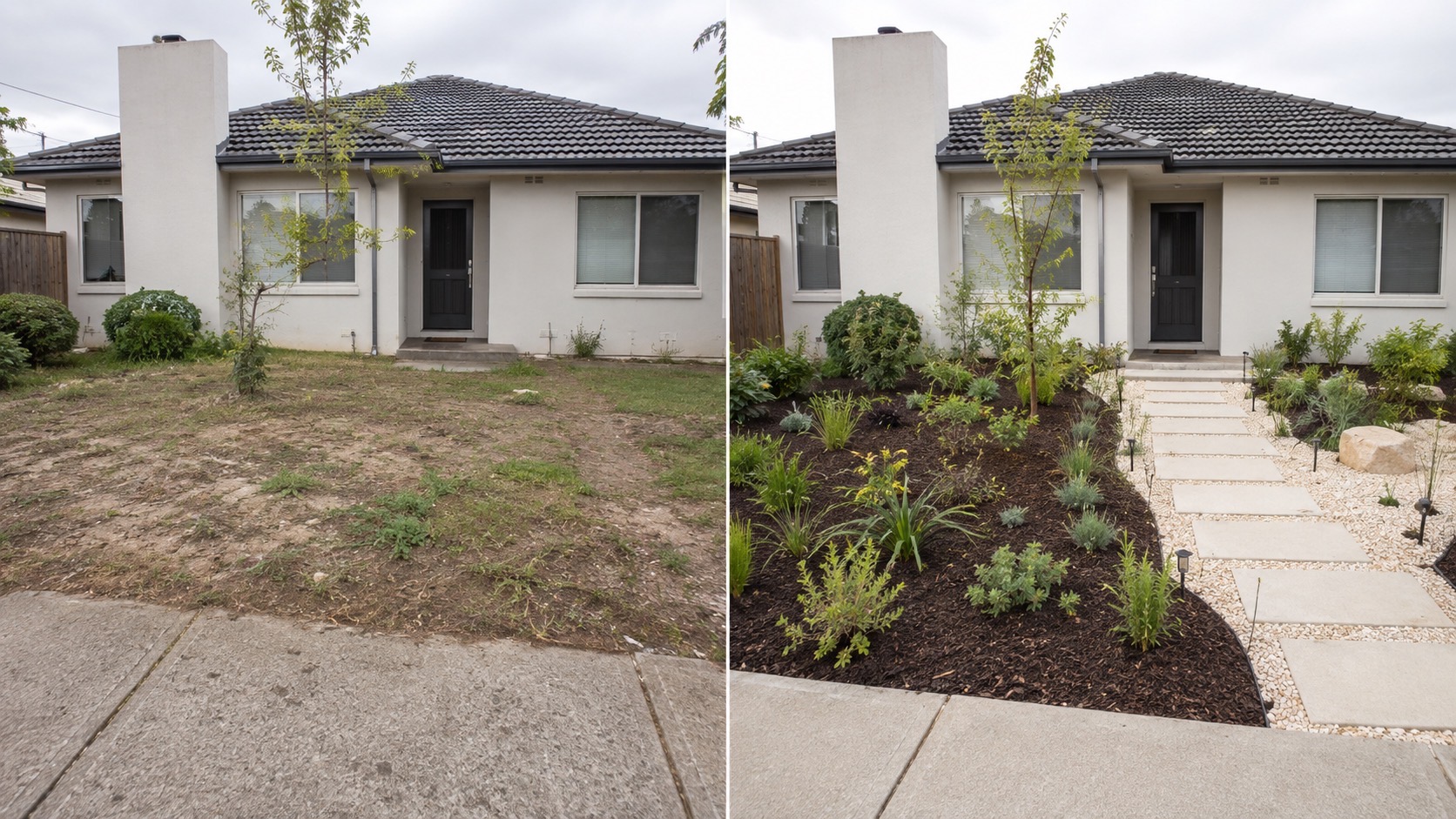Before and after garden landscaping project in Melbourne with new planting, mulch, stepping stones and decorative stone