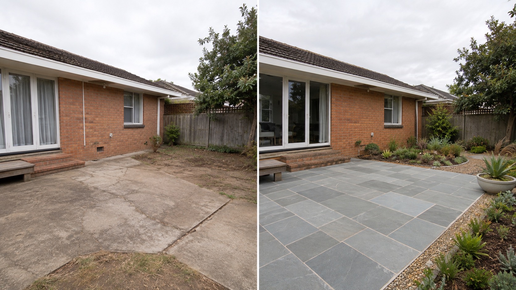 Before and after courtyard paving project in Melbourne with grey pavers and garden planting