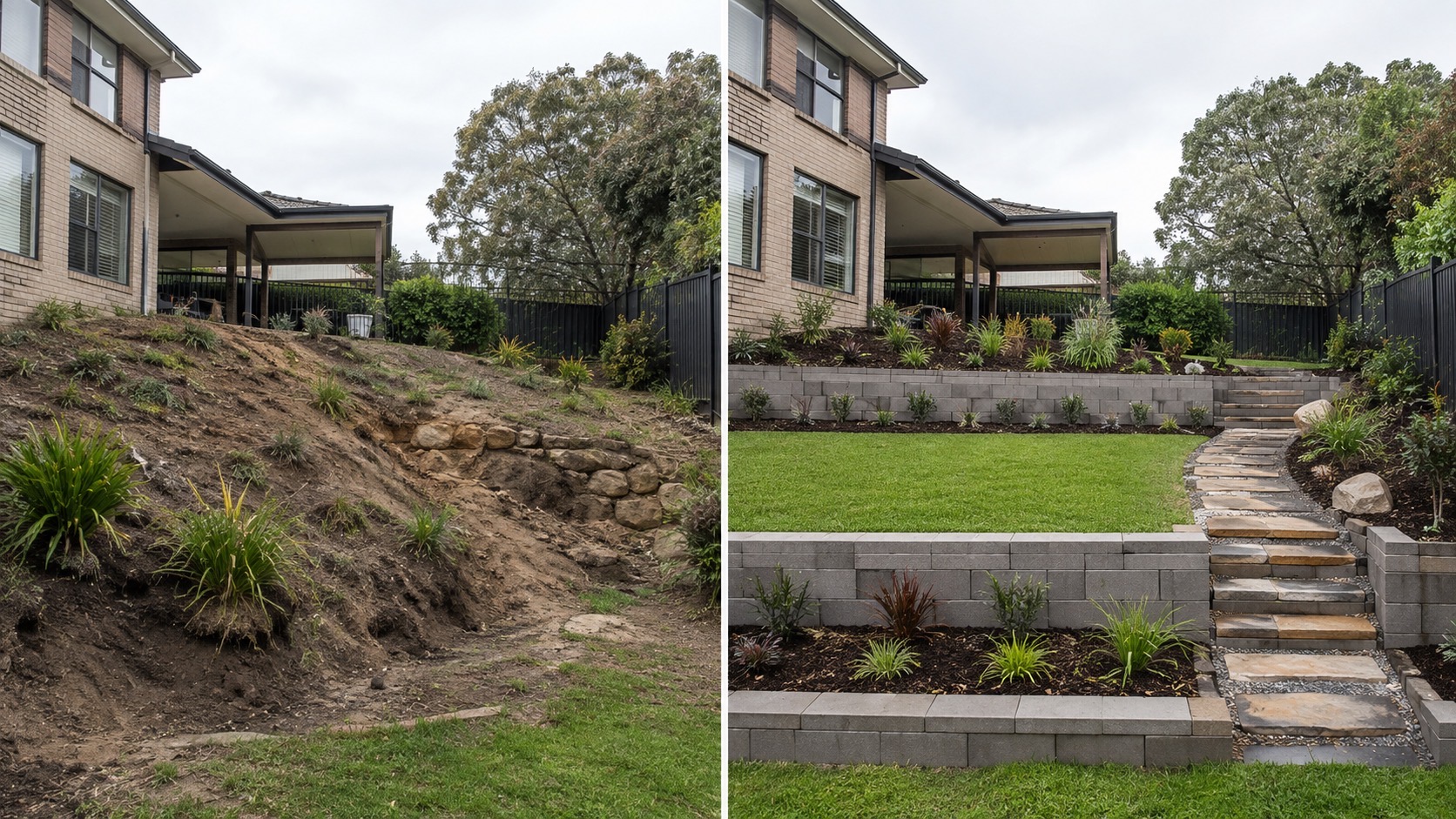 Before and after retaining wall construction in Bentleigh, Melbourne with terraced garden beds, stone steps and new lawn
