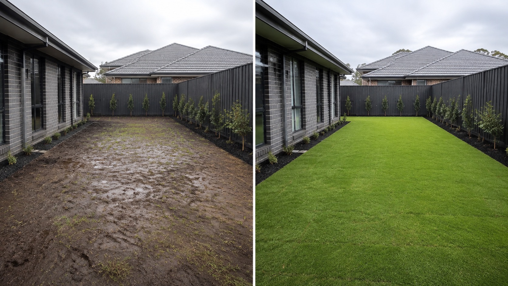 Before and after turf installation project in Malvern, Melbourne with new natural lawn and prepared garden edges