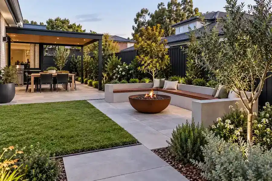 Modern Melbourne landscaping with paving, retaining walls and planting