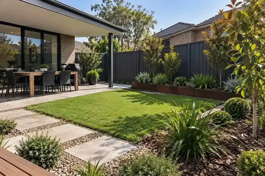 Melbourne backyard with reduced lawn, garden beds and entertaining area